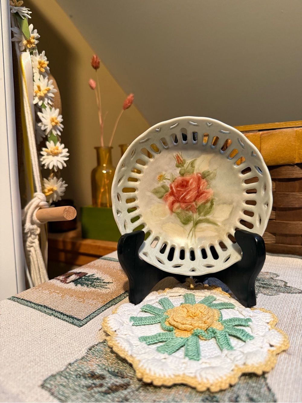 Vintage Hand Painted Pink Rose Porcelain Ribbon Plate Lattice Trim, signed